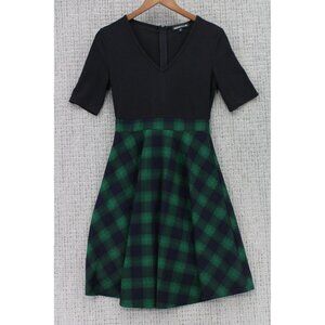 REPHYLLIS Fit & Flare Dress Womens Small Black/Green Plaid 3/4 Sleeve V Neck